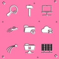 Set Unknown search, Hammer, Computer network, UFO flying spaceship and alien, directory and Cloud mail server icon