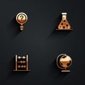 Set Unknown search, Test tube, Abacus and Earth globe icon with long shadow. Vector Royalty Free Stock Photo