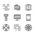 Set Uno card game, Tic tac toe, Casino roulette wheel, Backgammon board, chip, Domino, Hockey table and icon. Vector Royalty Free Stock Photo