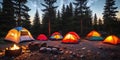 Set up a cozy camping scene with a tent pitched under the starry night sky, illuminated by a warm campfire Royalty Free Stock Photo