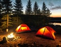 Set up a cozy camping scene with a tent pitched under the starry night sky, illuminated by a warm campfire Royalty Free Stock Photo