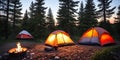 Set up a cozy camping scene with a tent pitched under the starry night sky, illuminated by a warm campfire Royalty Free Stock Photo