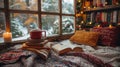 Set up a cozy reading nook with a soft blanket, a stack of holiday-themed books, and a warm mug of