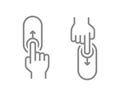 Set of up, down swipe gesture. Lock and unlock hand control symbol. On, off toggle slider line icons.