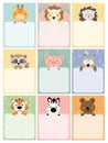 Set up planners and cute postcards with animals. Hand-drawn vector illustration. For printing. Stationery