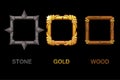 Set of upgrade square app icons, vector texture frames isolated on black background, elements for game or web design Royalty Free Stock Photo