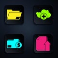 Set Upload file document, Document folder, Finance document folder and Add cloud. Black square button. Vector Royalty Free Stock Photo
