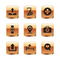 Set Upload inbox, , Hospital bed, Map pointer with heart, Smartwatch setting and Medical cross circle icon. Vector Royalty Free Stock Photo