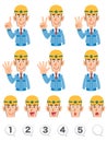 A set of upper body expression and numbers of building workers wearing blue working clothes that counts numbers with fingers Royalty Free Stock Photo