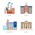 Set of urban buildings in a flat style. Factory, institute or university, a supermarket or shopping center and museum