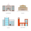 Set of urban buildings in a flat style. Government building, theater, police and fire station. Vector, illustration Royalty Free Stock Photo