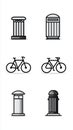 Set of urban icon illustrations including bicycles and different types of bollards and columns on white background Royalty Free Stock Photo