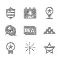 Set USA on browser, Firework, Independence day, Gold bars, Medal with star, and Shield stars icon. Vector Royalty Free Stock Photo