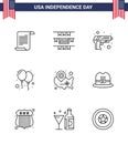 Line Pack of 9 USA Independence Day Symbols of usa; map; security; party; celebrate