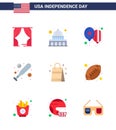 Set of 9 USA Day Icons American Symbols Independence Day Signs for usa; bag; balloons; hardball; baseball