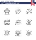 Set of 9 USA Day Icons American Symbols Independence Day Signs for fast food; garland; baseball; party; buntings