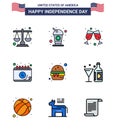 Set of 9 USA Day Icons American Symbols Independence Day Signs for food; burger; beer; day; calendar