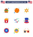 Set of 9 USA Day Icons American Symbols Independence Day Signs for party; buntings; police; american; food