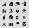 Set USA label, Patriotic American top hat, Eagle, football helmet, Cowboy boot, Movie clapper, Burger and french fries