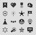 Set USA on monitor, Medal with star, American flag, Firework, Police badge, and Hexagram sheriff icon. Vector Royalty Free Stock Photo