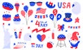 Set of USA national symbols for independence day. 4th July clip art. Top hat, balloons, star, gnome, eagle, american
