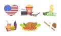 Set of USA traditional cultural symbols. Heart shaped American flag, fast food dishes, cinema movie objects vector Royalty Free Stock Photo