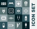 Set USB cable cord, Battery, Processor with microcircuits CPU, Electric light switch, plug, Electrical outlet and icon Royalty Free Stock Photo