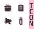 Set USB flash drive, Briefcase, Megaphone and To do list or planning icon. Vector