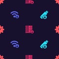 Set USB flash drive with lock, Wifi locked, Server security and Time Management on seamless pattern. Vector