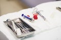 Set of used metal medical equipment tools for teeth dental care during stomatology surgery Royalty Free Stock Photo