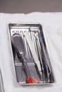 Set of used metal medical equipment tools for teeth dental care during stomatology surgery