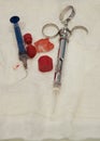 Set of used metal medical equipment tools for teeth dental care during stomatology surgery