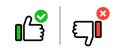 A set of thumbs up icons with a check mark and thumbs down icons with a cross mark. Vector.