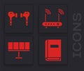 Set User manual, Air headphones, Router and wi-fi signal and Solar energy panel icon. Vector