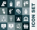 Set Users group, Project team base, Speaker, Resume, Team leader, and Head hunting icon. Vector