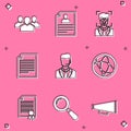 Set Users group, Resume, Face recognition, Document, Man with headset and Social network icon. Vector