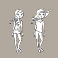 Black & white cute teen girl in two fashion outfits. Body template. Vector illustration