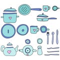Set of utensils in doodle style, side and top view of kitchen utensils in delicate shades