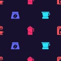 Set V60 coffee maker, Bag beans, French press and Coffee machine on seamless pattern. Vector Royalty Free Stock Photo