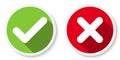 Set of V and X icons, buttons. Flat round check and cancel symbol stickers. Royalty Free Stock Photo