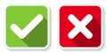 Set of V and X icons, buttons. Flat square check and cancel symbol stickers. Royalty Free Stock Photo