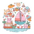 Set of vacation themed doodles in kawaii style. vector illustration Royalty Free Stock Photo
