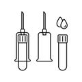 Set of vacuum blood sampling from vein. Linear icon of test tube with cap, needle holder, blood drops. Black illustration of