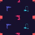 Set Vacuum cleaner, Electric drill machine, cordless screwdriver and Computer monitor on seamless pattern. Vector