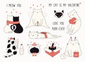 Set of Valentine cats doodles Royalty Free Stock Photo