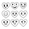Set of Valentine hearts mascot characters. Different retro vintage face expressions. old cartoon comics groovy heart Royalty Free Stock Photo