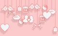 Set of Valentine icons, such as heart, lips, gift box, birds, lovers, envelope, champagne, calendar and more. Hanging on a string
