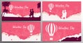 Set of Valentine`s Day banners with couple in love, palms and air balloon on the pink background.
