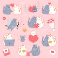 Set of Valentine\'s Day. Couple cats in love. Hearts, bouquet, mouse, gift and other cute items.