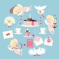 Set for Valentine`s day, cupids, cake, doves, love letters Royalty Free Stock Photo